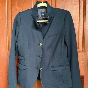 Banded collar navy blazer.
